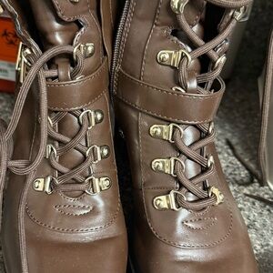 Boots- Guess Canaly Lug Sole Block Heel Combat Boots in brown. Size 9